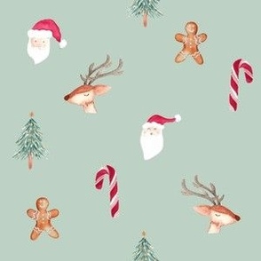 Christmas favorite things / medium / mint green with gingerbread man, reindeer faces, santa claus and candy canes