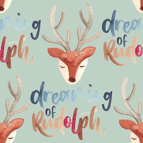 Cute reindeer heads / jumbo / watercolor sleepy reindeer faces on pastel green with the lettering dreaming of Rudolph