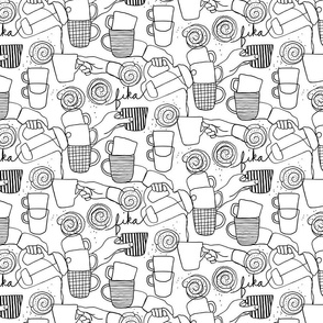 Swedish Fika line drawing of coffee mugs and treats // Black and white // Medium
