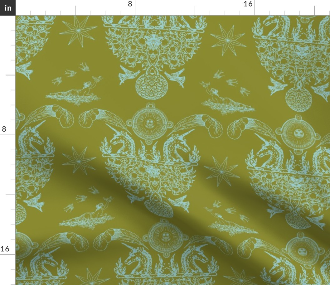 Spring Damask - Baby Blue on Pea Green
