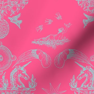 Spring Damask - Baby Blue on Hot Pink