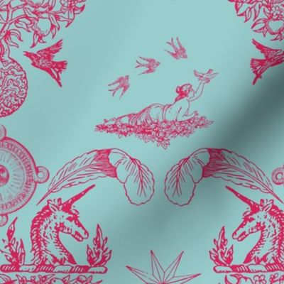 Spring Damask - Dark Pink on Baby Blue