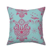 Spring Damask - Dark Pink on Baby Blue