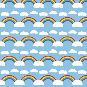 Rainbow with fluffy, white clouds on blue sky, illustration