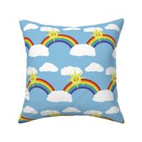 Rainbow and sun with fluffy, white clouds on blue sky, illustration