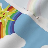 Rainbow and sun with fluffy, white clouds on blue sky, illustration