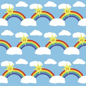 Rainbow and sun with fluffy, white clouds on blue sky, illustration