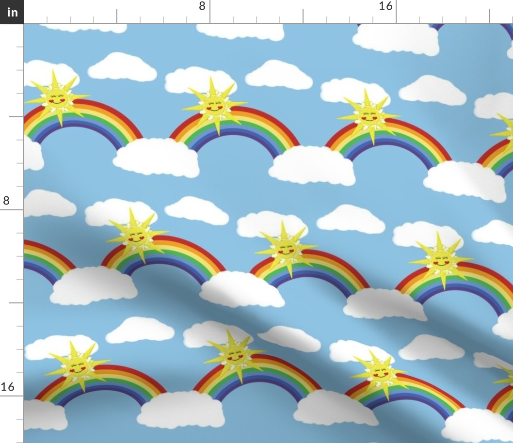 Rainbow and sun with fluffy, white clouds on blue sky, illustration