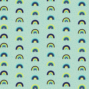 Blue, navy, teal and yellow rainbows and dots - Medium scale