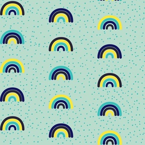 Blue, navy, teal and yellow rainbows and dots - Large scale