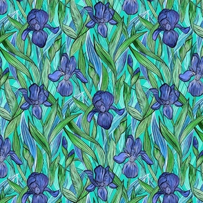 Blue Purple Irises with Green - medium 