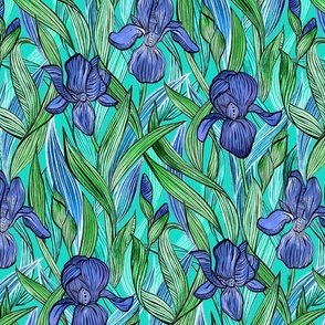 Blue Purple Irises with Green - large