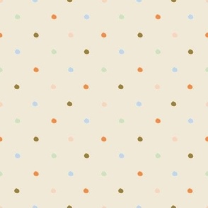 Orange, blue, mint, brown, dots on neutral vanilla background