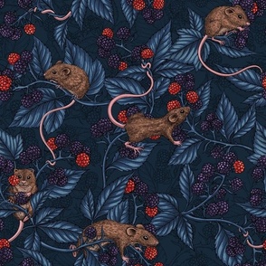 Mice and blackberries on navy