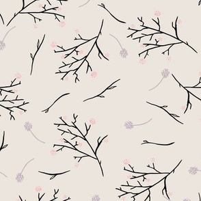 Delicate branches with pink petals on a beige background.  Medium 8 inches