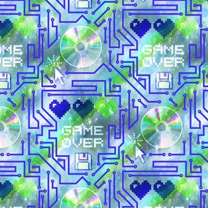 Game over circuit 8bit Y2K aesthetic in electric blue and lime green cyberpunk Large scale