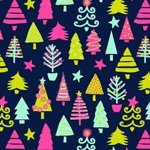 Bright and funny Christmas trees in neon colors on midnight blue Small scale
