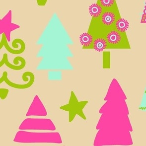 Bright and funny Christmas trees in neon colors on sand Large scale