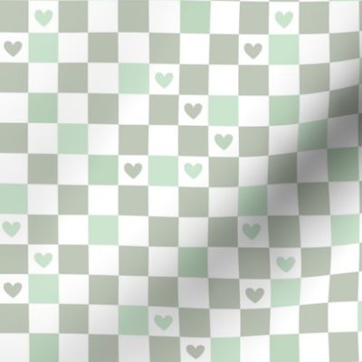 Valentine gingham hearts - retro checkerboard style trend nineties retro design mint green sage white