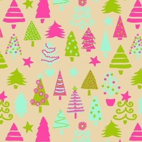 Bright and funny Christmas trees in neon colors on sand Small scale