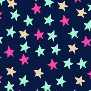 Bright stars in turqoise sand and hot pink on midnight blue Large scale
