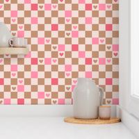 Valentine gingham hearts - retro checkerboard style trend nineties retro design seventies palette beige tan pink