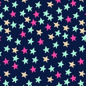 Bright stars in turqoise sand and hot pink on midnight blue Medium scale