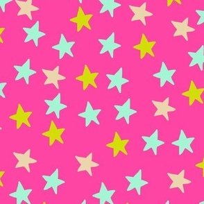 Bright stars in lime green and turqoise on hot pink Large scale