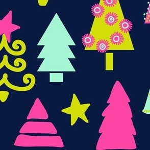 Bright and funny Christmas trees in neon colors on midnight blue Large scale