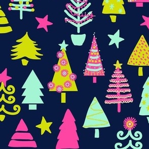 Bright and funny Christmas trees in neon colors on midnight blue Medium scale