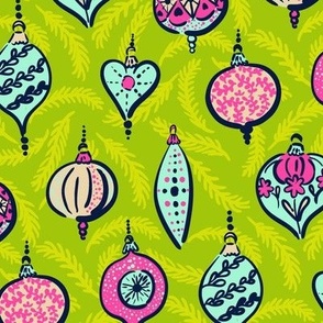 Bright Christmas ornaments hand drawn hot pink turqoise and sand on lime green Medium scale