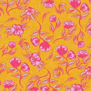 Bright hand drawn florals on deep yellow with linen texture Medium scale