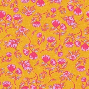 Bright hand drawn florals on deep yellow with linen texture Small scale