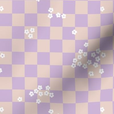 Nineties revival - retro checkerboard gingham and daisies blossom spring design lilac beige sand