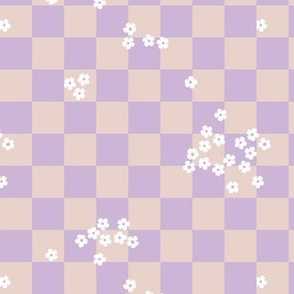 Nineties revival - retro checkerboard gingham and daisies blossom spring design lilac beige sand