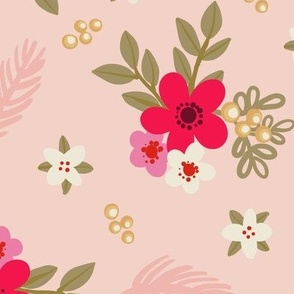 Christmas florals in bright red and olive green on blush pink Medium scale