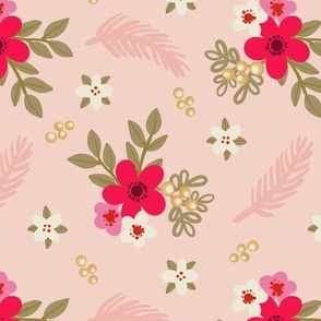 Christmas florals in bright red and olive green on blush pink Small scale