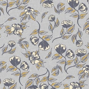 Grey hand drawn florals on light grey with linen texture Medium scale