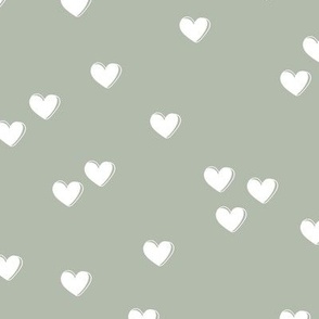 Little freehand 3d minimalist hearts - vintage spring valentine design white on sage green