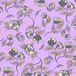 Grey hand drawn florals on digital lavender with linen texture Medium scale