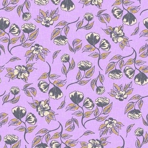 Grey hand drawn florals on digital lavender with linen texture Small scale