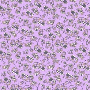 Grey hand drawn florals on digital lavender with linen texture Extra small scale