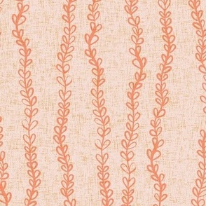 Simple floral climbing stems in coral red and blush pink with linen texture Medium scale