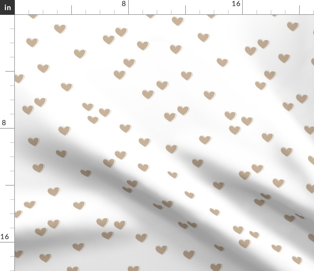 Little freehand 3d minimalist hearts - vintage valentine design beige tan on white