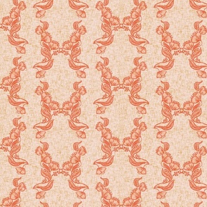 Hand drawn floral damask blender coral red on light pink with linen texture Medium scale