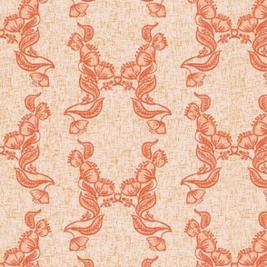 Hand drawn floral damask blender coral red on light pink with linen texture Small scale