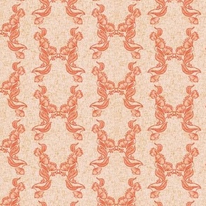 Hand drawn floral damask blender coral red on light pink with linen texture Extra small scale