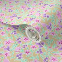 Sweet ditsy pastel florals on sand beige with linen texture NON DIRECTIONAL Small scale