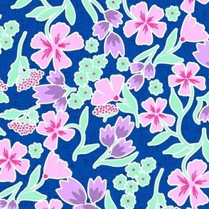 Sweet ditsy pastel florals on electric blue with linen texture NON DIRECTIONAL Medium scale