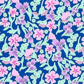 Sweet ditsy pastel florals on electric blue with linen texture NON DIRECTIONAL Small scale